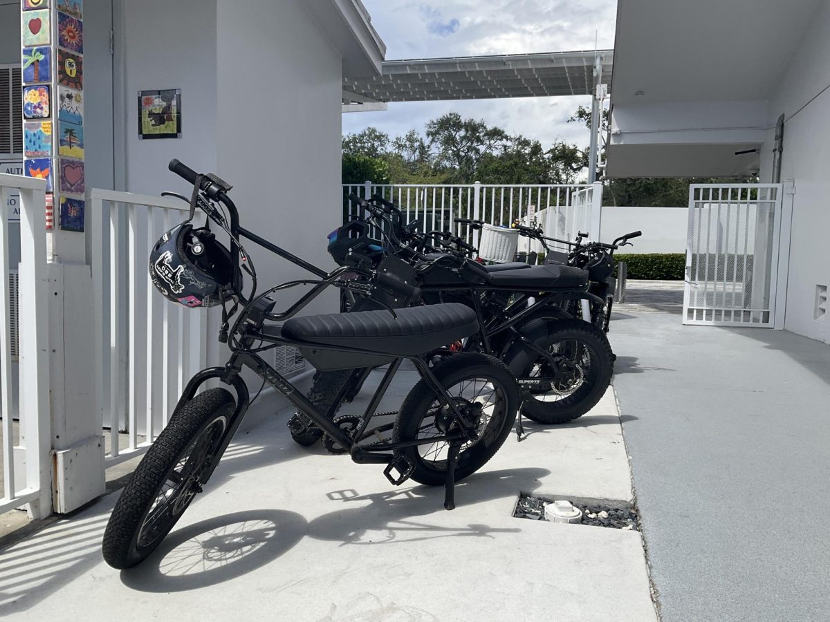 Parked E-Bikes are lined up at the entrance of the school. Many students ride E-Bikes to and from school.