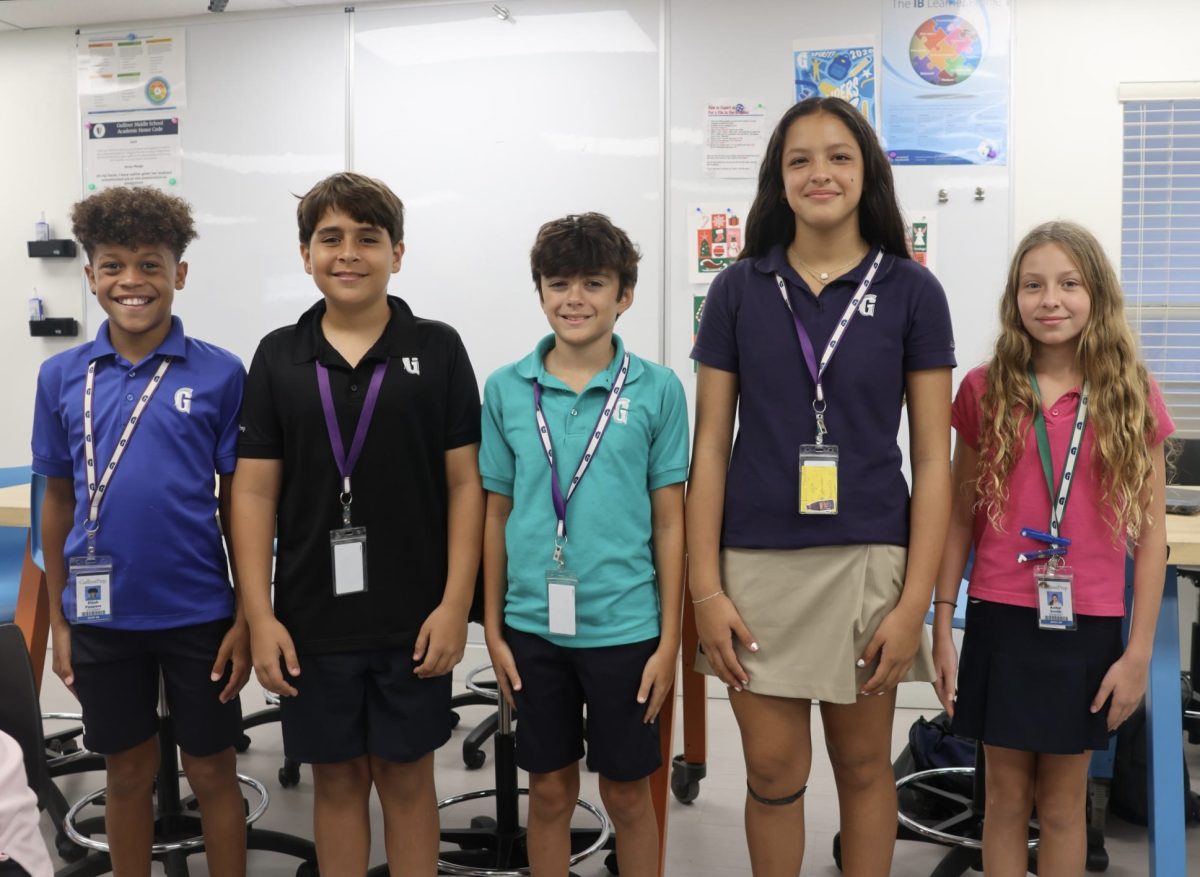 Elijah Peppers, Leonardo Ferrer, Javi Sagrera Martinez-Bordiu, Annarella Garcia Jaspe and Ava Smith line up with their uniforms.