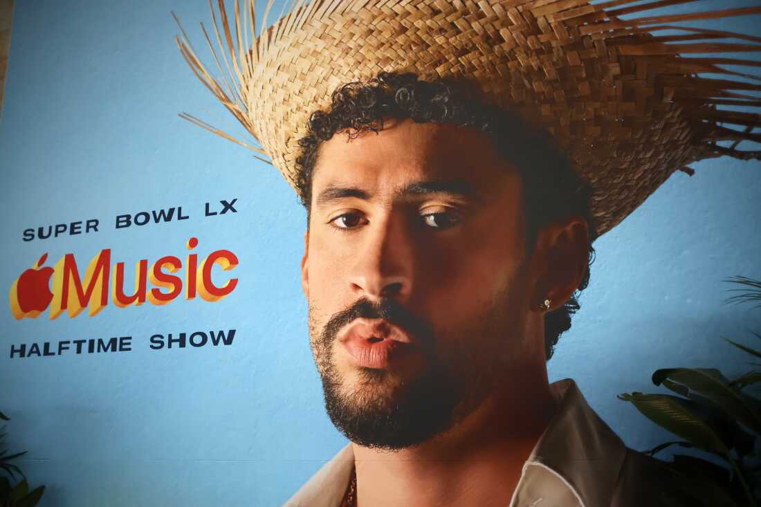 SAN FRANCISCO, CALIFORNIA - FEBRUARY 04: An advertisement for the Super Bowl LX Halftime show featuring Bad Bunny is seen in the Super Bowl LX Media Center at the Moscone Center on February 04, 2026 in San Francisco, California.  (Photo by Chris Graythen/Getty Images)
